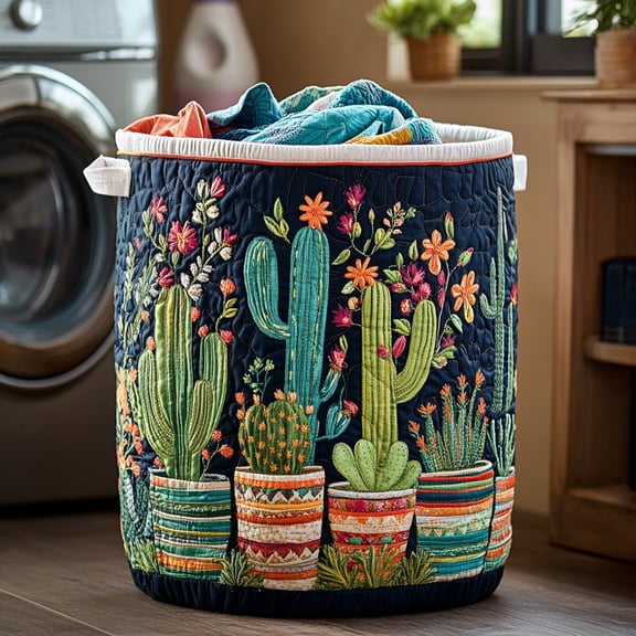 Cactus Charm Quilted Laundry Basket, with Handles, Foldable Clothes Hamper for Bedroom Storage