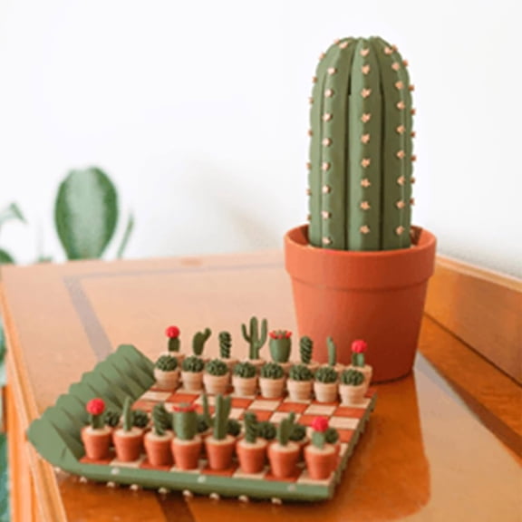 Cactus Chess Set with 32 Mini Succulent Pieces, 3D Printed Roll-Up Board Game in Terracotta Planter • Portable Travel Chess • Decorative Desk Succulent Theme Gift
