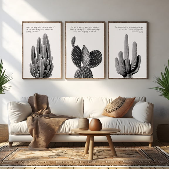 Cactus Christian Wall Art Desert Isaiah 43:19 Modern Boho Scripture Set 3 Stretched Canvas 16x24