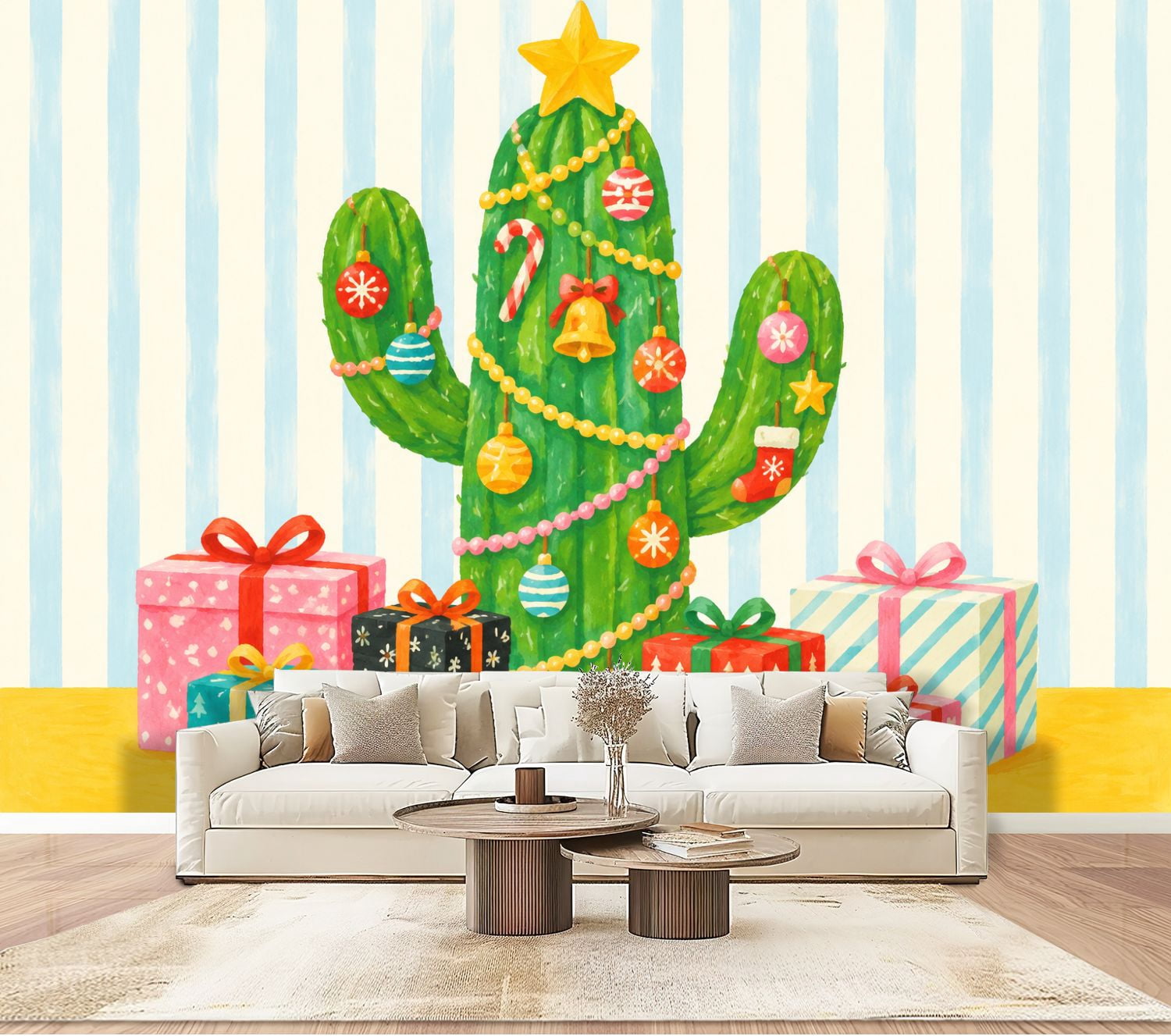 Cactus Christmas Tree Wallpaper Colorful Ornaments Gifts Festive Peel ...