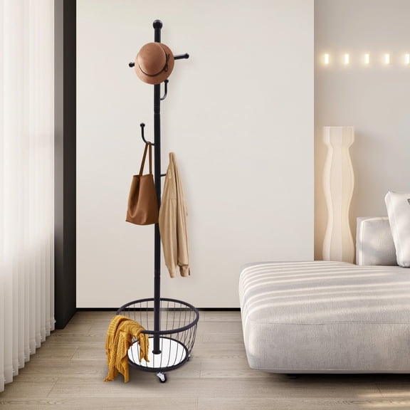 Cactus Coat Rack 5.5ft Tall Black Rolling Clothes Stand with 6 Hooks & Storage Basket 4 Wheels Freestanding Hall Tree