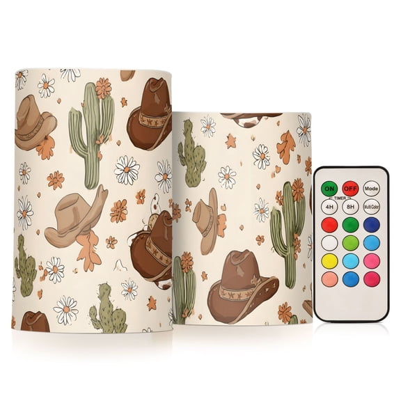 Cactus Cowboy Hat Flickering Flameless Candles Battery Operated with Remote Timer LED Pillar Candles Set of 2