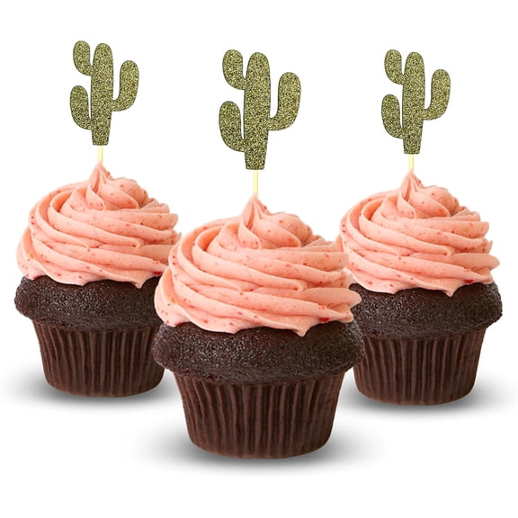 12Pcs Olive Gold Glitter Cactus Cupcake Toppers, Boho Desert Cactus Cupcake Picks for Fiesta Summer Beach Party Dessert Decor Supplies
