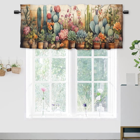 Cactus Curtain Valances for Kitchen Windows Succulent Southwest Plant Rustic Wooden Barn Door Rod Pocket Window Valance for Living Room Bathroom Bedroom Kitchen 54 by 18 in, 1 Panel