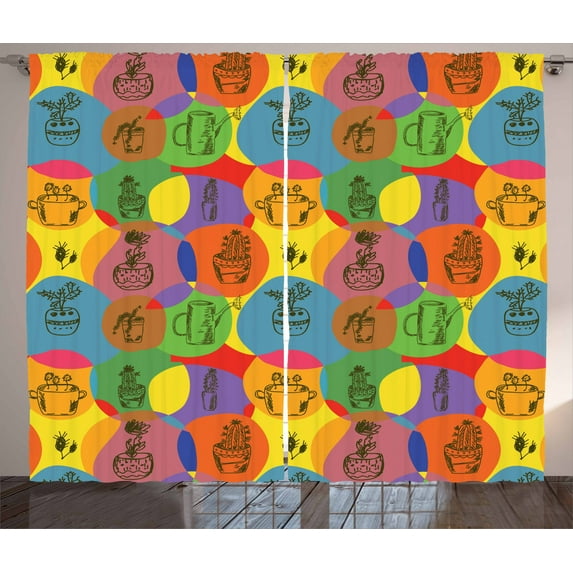 Ambesonne Cactus Curtains 2 Panel Set, House Plants with Thorn, 108" x 63", Multicolor