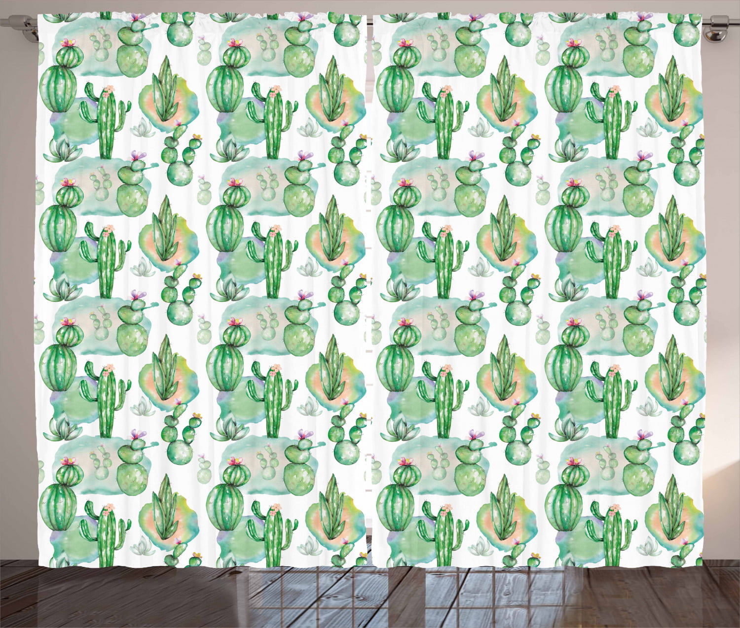 Cactus Curtains 2 Panels Set, Hand Drawn Style Artwork Different Cactuses  Floristics Mexican Summer Pastel Tones, Window Drapes for Living Room 