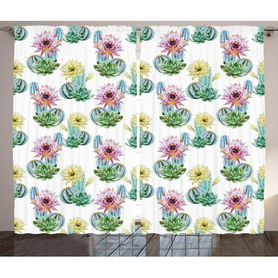 Ambesonne Vintage Curtains 2 Panel Set, Mexican Plant Cactus, 108" x 63", Pink Green and Blue