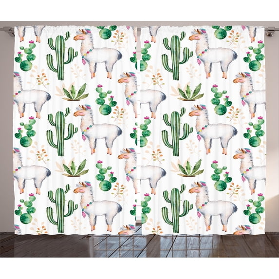 Ambesonne Desert Curtains 2 Panel Set, Llama Animal Pattern Cacti, 108" x 96", Multicolor