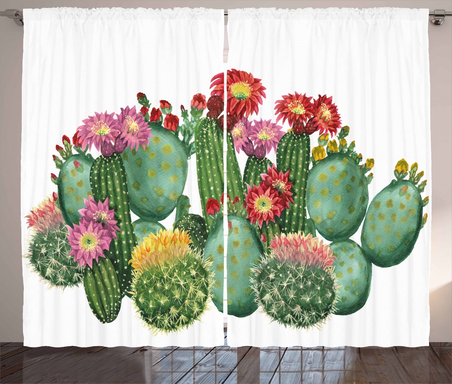 Ambesonne Cactus Curtains 2 Panel Set, Saguaro Tropical Garden, 108