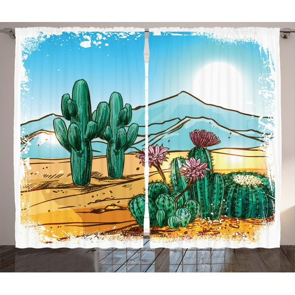 Ambesonne Cactus Curtains 2 Panel Set, Cartoon Vector Design, 108" x 96", Multicolor
