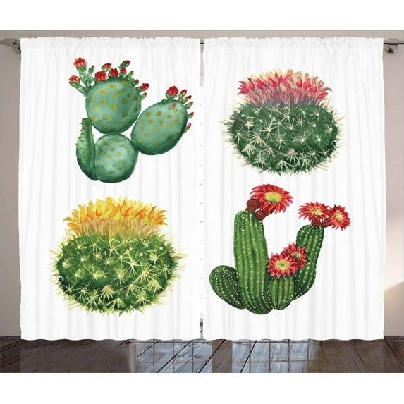 Ambesonne Cactus Curtains 2 Panel Set, Watercolor Tropical Art, 108" x 108", Multicolor
