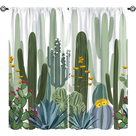Cactus Curtains, Tropical Various Watercolor Shapes Cacti Flowers Pattern Window Treatments, Rod Pocket Thermal Insulated Drapes 2 Panel Sets for Bedroom Living Room, 55" W X 39" L