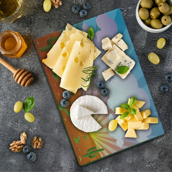 Cactus Cutting Board, Abstract Desert Landscape with Mountains and Cactus Arid Country View at Sunset, Decorative Tempered Glass Cutting and Serving Board, Small Size, Multicolor, by Ambesonne