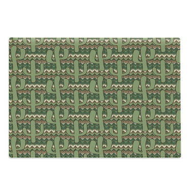 Cactus Cutting Board, Cartoon Style Saguaro Cactus on Zigzag Stripes Background, Decorative Tempered Glass Cutting and Serving Board, Large Size, Green Pale Brown Beige, by Ambesonne