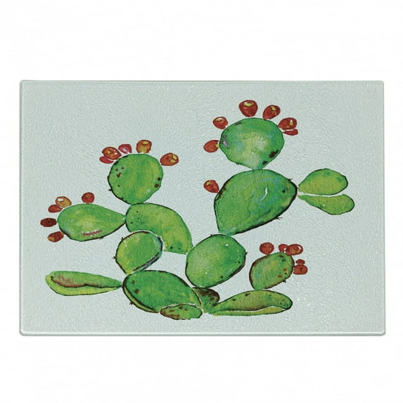 Cactus Cutting Board, Ripe Prickly Pear Plant with Fruits Watercolor Illustration Botany Art, Decorative Tempered Glass Cutting and Serving Board, Small Size, Green and Vermilion, by Ambesonne
