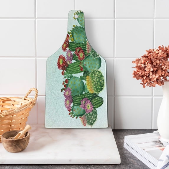 Cactus Cutting Board, Saguaro Cask Hedge Hog Prickly Pear Opuntia Tropical Botany Garden Plants Print, Decorative Tempered Glass Cutting and Serving Board, Wine Bottle Shape, Multicolor, by Ambesonne