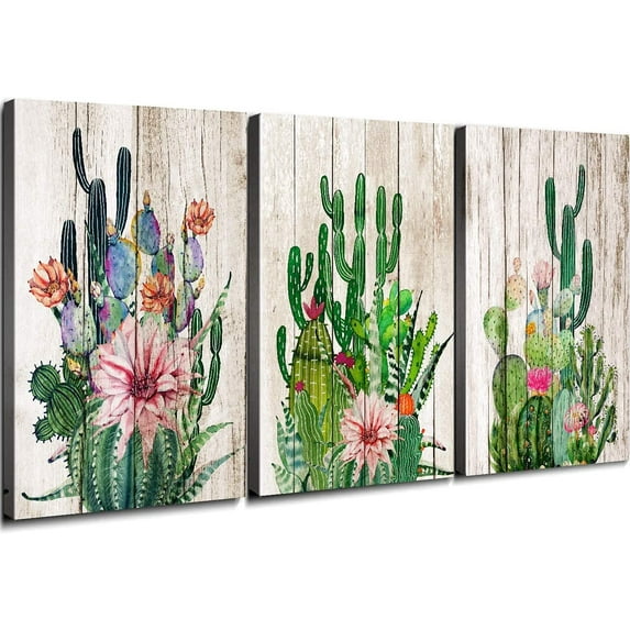 Cactus Decor Boho Bathroom Wall Art Southwestern Green Plant Canvas Pictures Bedroom Decor Mexican Living Room Kitchen Home Decoration Tropical Succulent Botanical Painting Office Artwork 12x16" 3 Pcs