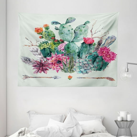 Cactus Decor Tapestry, Spring Garden with Boho Style Bouquet of Thorny Plants Blooms Arrows Feathers, Wall Hanging for Bedroom Living Room Dorm Decor, 80W X 60L Inches, Multicolor, by Ambesonne