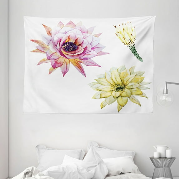 Cactus Decor Tapestry, Vector Image with Watercolored Cactus Flowers Colored Desert Nature Print, Wall Hanging for Bedroom Living Room Dorm Decor, 80W X 60L Inches, Pink and White, by Ambesonne