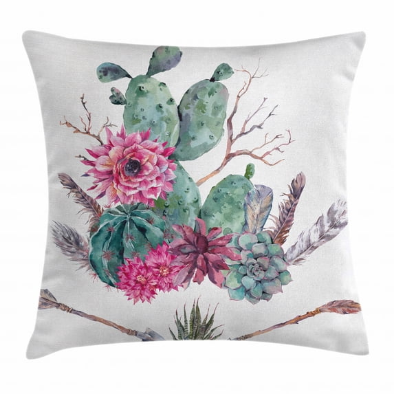 Cactus Decor Throw Pillow Cushion Cover, Exotic Natural Vintage Watercolor Bouquet Bohemian Arizona Vegetation, Decorative Square Accent Pillow Case, 20 X 20 Inches, Green Pink Brown, by Ambesonne