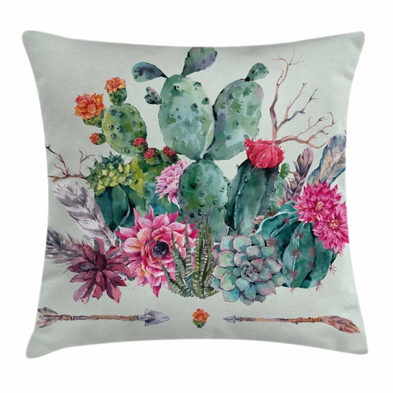 Cactus Decor Throw Pillow Cushion Cover, Spring Garden with Boho Style Bouquet of Thorny Plants Blooms Arrows Feathers, Decorative Square Accent Pillow Case, 24 X 24 Inches, Multicolor, by Ambesonne