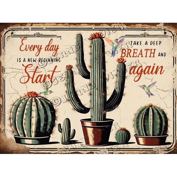Cactus Decor Tin Sign Vintage Cactus Every Day Is A New Beginning Take a Deep Breath and Smile Again Suitable for home bar garage wall decoration metal sign garden sign,Aluminum 12"x16"