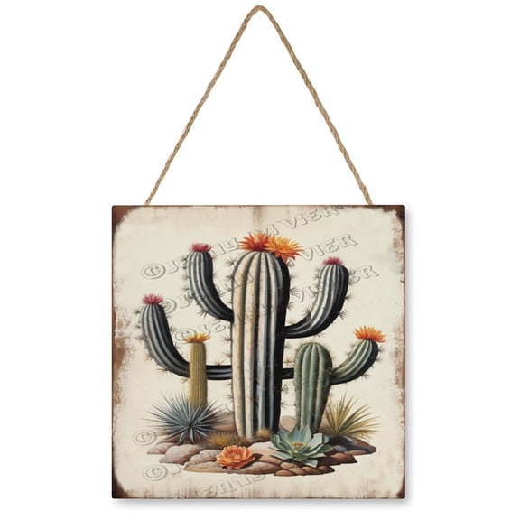 Cactus Decorative Wood Hanging Wood Plaque, Rustic Door Sign, Wall Decor Art, Housewarming Gift 12x12 inches