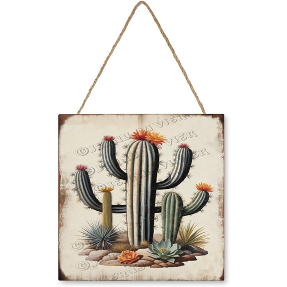 Cactus Decorative Wood Hanging Wood Plaque, Rustic Door Sign, Wall Decor Art, Housewarming Gift 12x12 inches