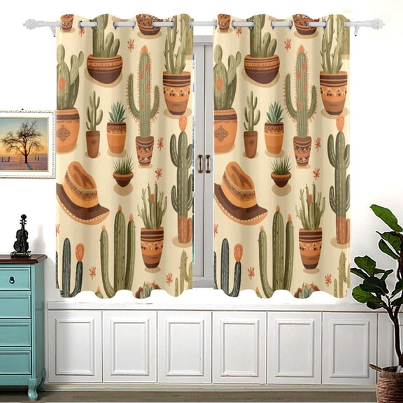 Cactus Denim Hat Black Out Curtains Aesthetic for Bedroom Living Room Sliding Glass Doors Kitchen Windows 2 panels set