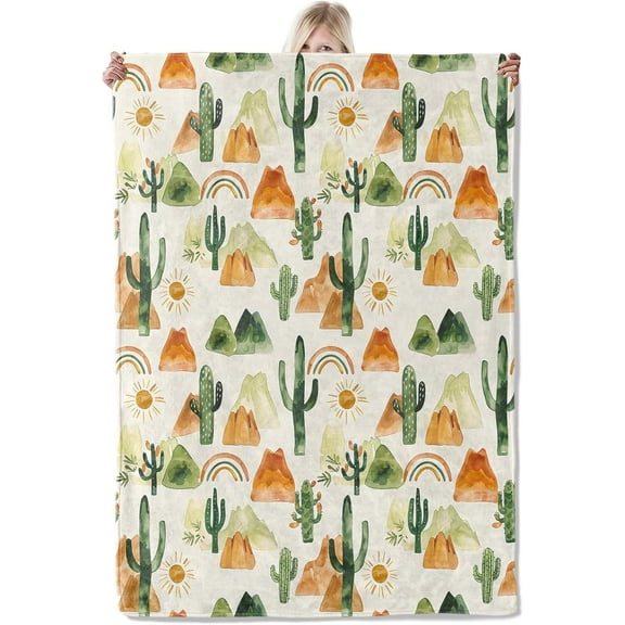 Cactus Desert Blanket 40×50 Inch,Watercolor Lightweight Flannel Throw with Mountain, Rainbow and Sun Pattern, Cozy Nature Decor,Gifts for Kids, Teens, Women,Boho Style Lovers