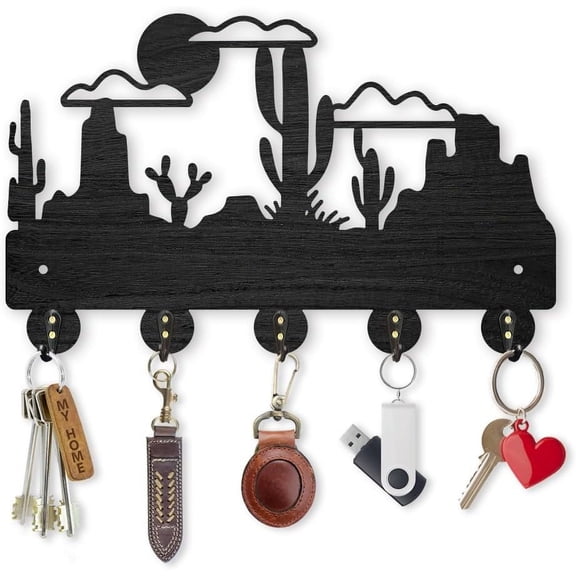 Cactus Desert Coat Rack Wall Mount Wood Desert Landscape Key Holder for Wall 11.87.3inch 5 Alloy Hooks Wall Art Decor Black Key Rack Organizer for Gift Entryway Hallway Kitchen Room Black
