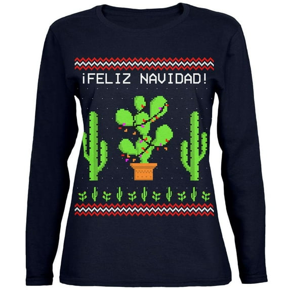 Cactus Desert Feliz Navidad Ugly Christmas Sweater Ladies' Relaxed Jersey Long-Sleeve Tee Navy 2XL