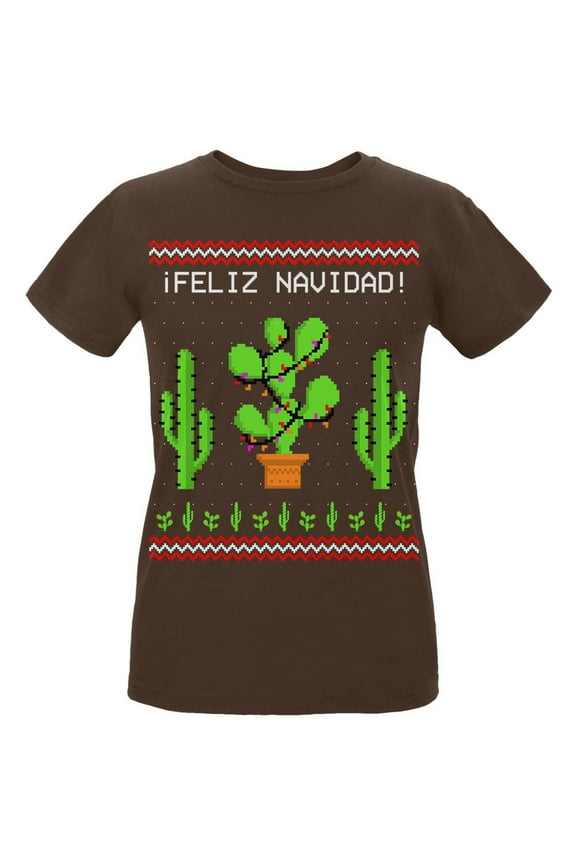 Cactus Desert Feliz Navidad Ugly Christmas Sweater Womens Organic T Shirt Chocolate SM