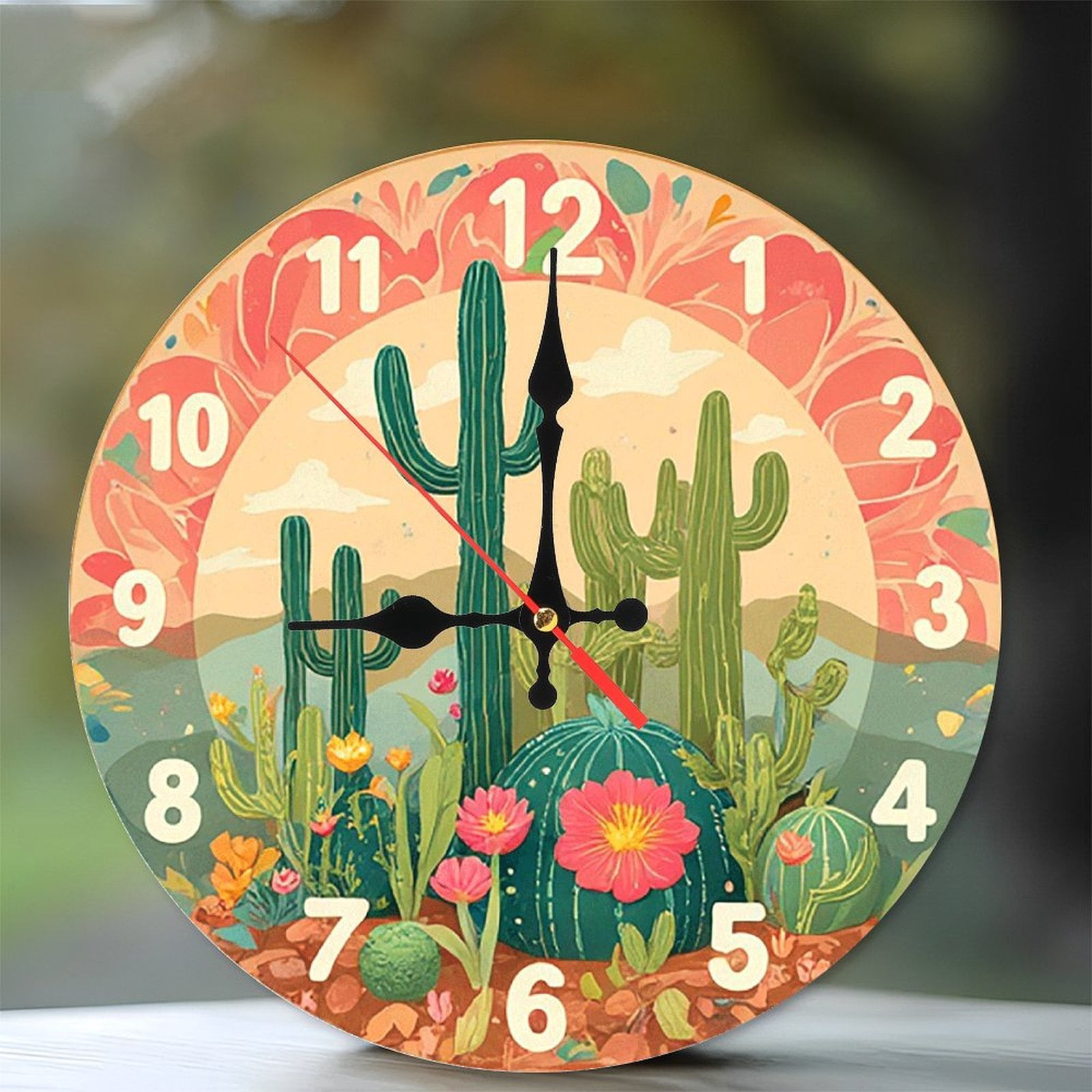 Cactus Desert Floral Wall Clock Home Decor 10-Inch Silent Wooden Wall ...