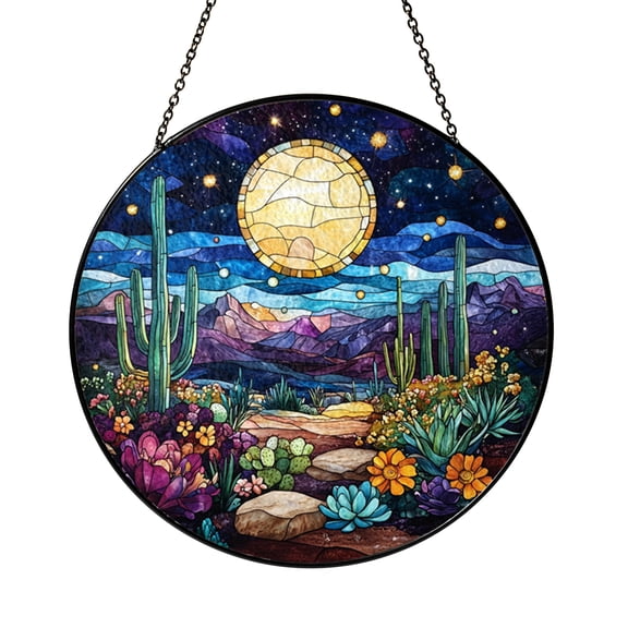 Cactus Desert Moonlight Stained Glass Style Window Hanging Suncatcher, Decorative Boho Landscape Glass Style Art Panel for Window Decor Ornament Gift