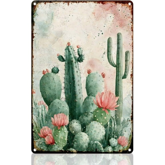 Cactus Desert Plants Retro Wall Decor Metal Tin Sign 8" x 12" Succulent Cactus Flower Vintage Wall Art Poster for Home Coffee Cafe Room Bathroom Courtyard Garden Greenhouse Yard Decor Gift
