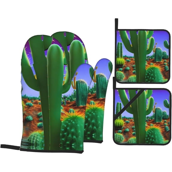 Cactus Desert Print Oven Mitts and Pot Holders 4pcs Set,Kitchen Oven Glove,for Cooking Baking BBQ