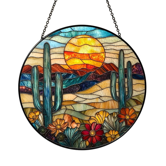 Cactus Desert Scene Stained Glass Style Window Decor, Nature Inspired Art Panel