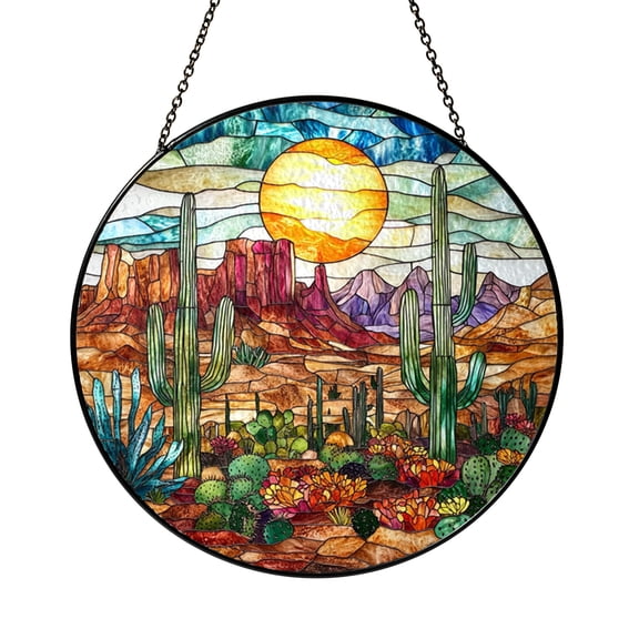 Cactus Desert Stained Glass Style Suncatcher, Southwestern Botanical Decorative Window Hanging Art, Arid Landscape Glass Panel Decor, Nature Inspired Home Accent Gift