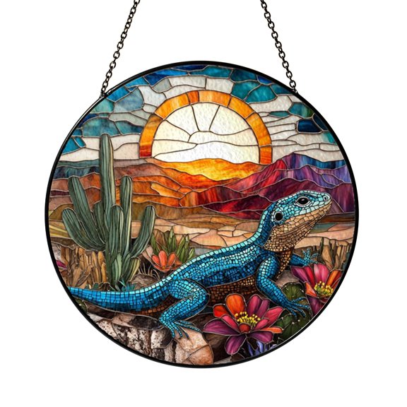 Cactus Desert Window Hanging Decor, Stained Glass Style Fantasy Landscape Suncatcher, Decorative Glass Panel for Windows