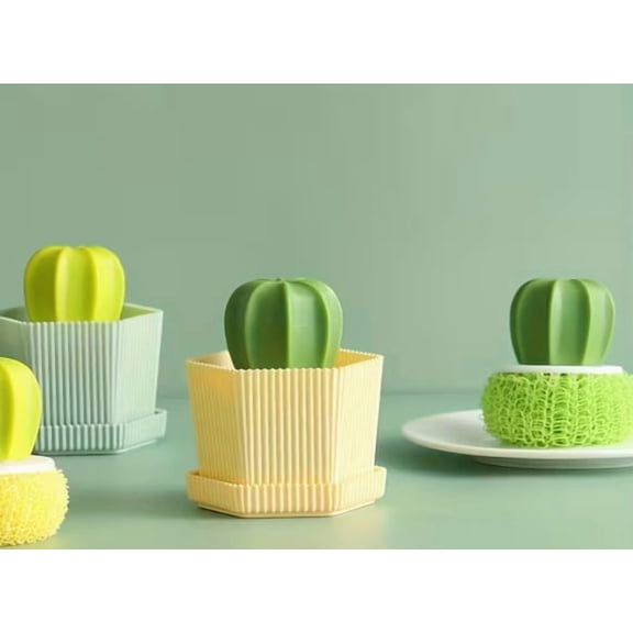 Cactus Dish Brush with Drain Tray - Soft Bristles Non-Electric Kitchen Scrubber for Sinks, Pans, and Pots