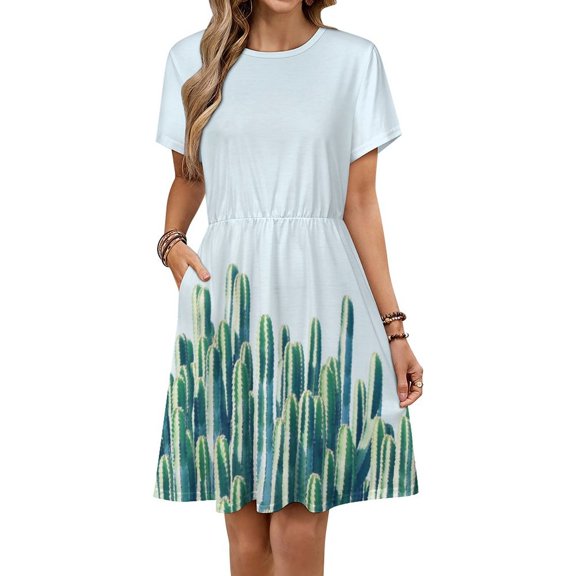 Cactus Dress Summer Street Style Dresses Female Short Sleeve Printed Sundress