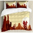 thumbnail image 1 of Cactus Duvet Cover Set, Arid Country Landscape Sunset in Stone Desert Saguaro and Mountains, Decorative 3 Piece Bedding Set with 2 Pillow Shams, Queen Size, Yellow Brown Redwood, by Ambesonne, 1 of 3