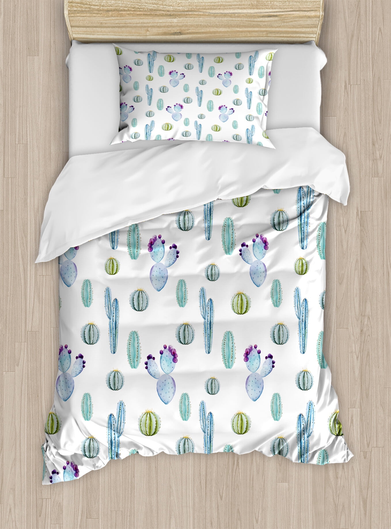Twin Blue Cactus Print Kids Duvet Cover Set