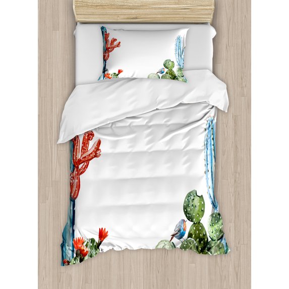 Cactus Duvet Cover Set, Cacti Spikes Flowers Birds Cartoon Style Vintage Like Colored Art, Decorative 2 Piece Bedding Set with 1 Pillow Shams, Twin Size, Green and Blue, by Ambesonne