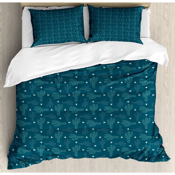 Cactus Duvet Cover Set, Continuous Modern Pattern with Abstract Cacti and Triangles, Decorative 3 Piece Bedding Set with 2 Pillow Shams, Queen Size, Petrol Blue Mint Green, by Ambesonne