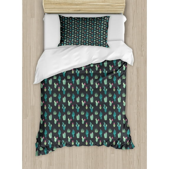 Cactus Duvet Cover Set, Exotic and Modern Demonstration of Cacti and Succulents Mother Nature Colors, Decorative 2 Piece Bedding Set with 1 Pillow Shams, Twin Size, Multicolor, by Ambesonne