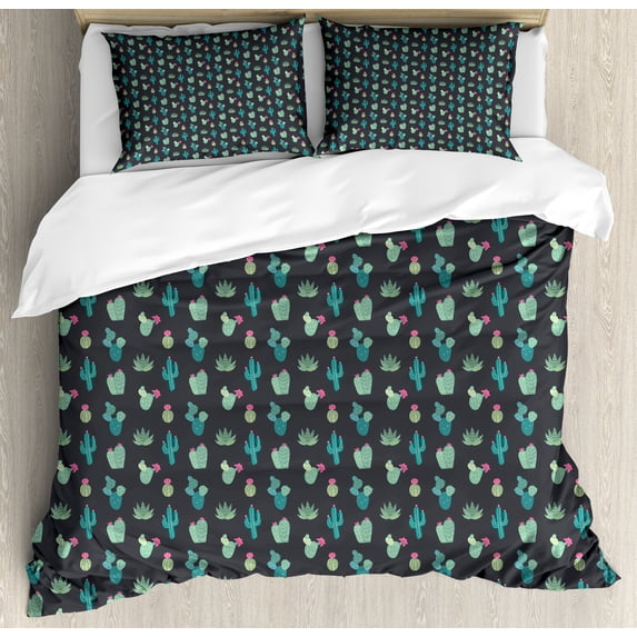Cactus Duvet Cover Set, Exotic and Modern Demonstration of Cacti and Succulents Mother Nature Colors, Decorative 3 Piece Bedding Set with 2 Pillow Shams, Queen Size, Multicolor, by Ambesonne