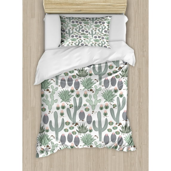 Cactus Duvet Cover Set, Hand Drawn Botanical Various Desert Cacti Succulent Floral Plant Types, Decorative 2 Piece Bedding Set with 1 Pillow Shams, Twin Size, White Purpleblue Green, by Ambesonne