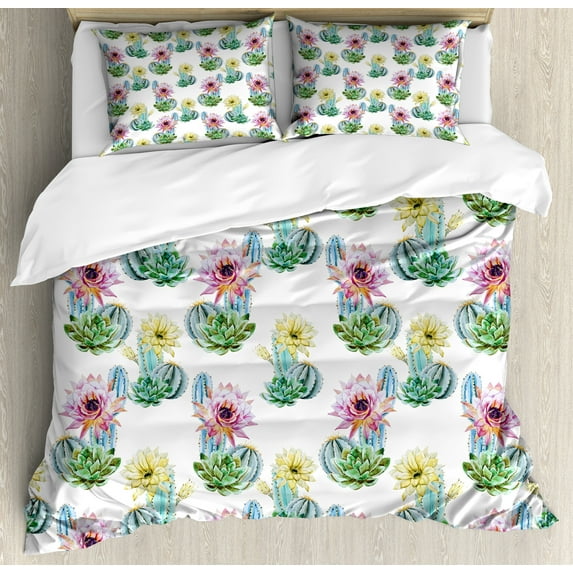 Cactus Duvet Cover Set, Hot Desert in South Mexican Land Vintage Plant Cactus Flowers with Spikes, Decorative 3 Piece Bedding Set with 2 Pillow Shams, Calking Size, Pink Green and Blue, by Ambesonne